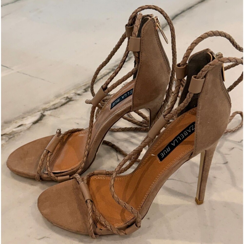 Izabella Rue Adjustable Lace-Up Ankle Tie Braided Straps Brown Suede SZ 8.5